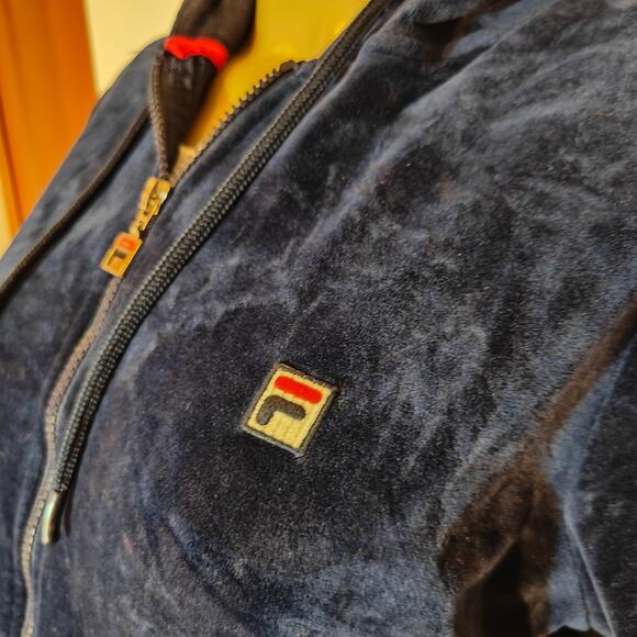 FILA Navy Velour Zip Up Hoodie Women’s Large Retro Track Jacket Logo - Picture 4 of 6